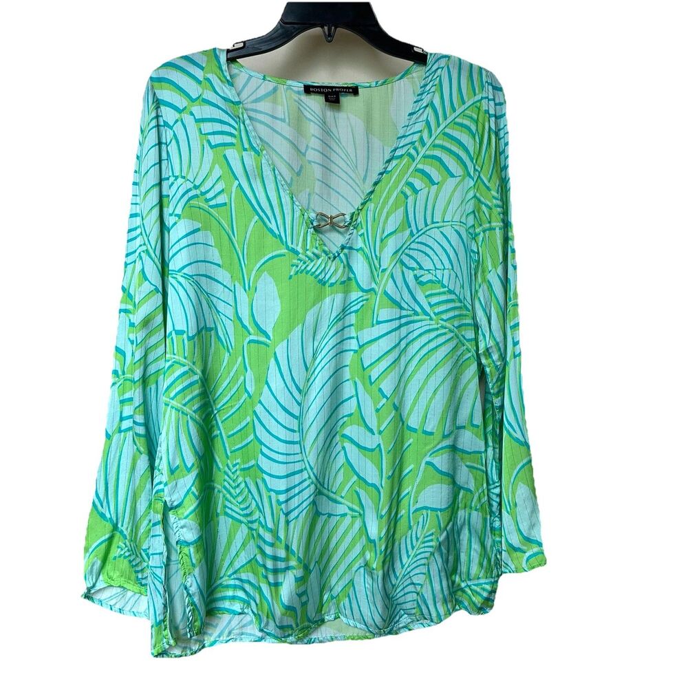 Boston Proper Blouse Sm Long Bell Sleeve Popover Tropical Hawaiian Resort Cruise